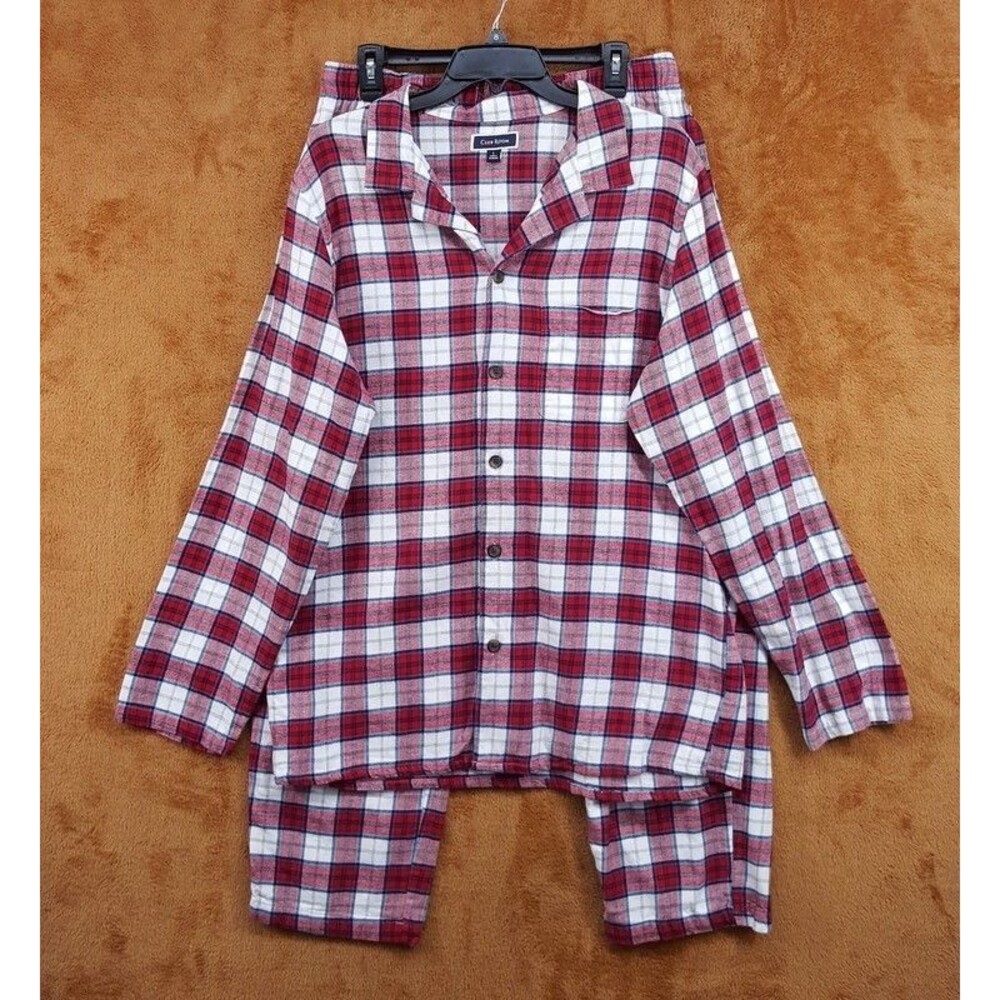 CLUB ROOM Pajama Set Mens Large Red Check Flannel Plaid Collared Button Up